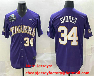 Men's LSU Tigers #34 Chase Shores Purple 2025 World Series Stitched Baseball Jersey