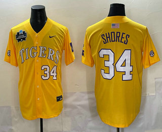Men's LSU Tigers #34 Chase Shores Yellow 2025 World Series Stitched Baseball Jersey
