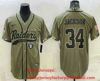 Men's Las Vegas Raiders #34 Bo Jackson 2022 Olive Salute to Service Cool Base Stitched Baseball Jersey