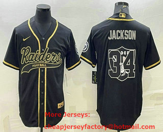 Men's Las Vegas Raiders #34 Bo Jackson Black Gold Team Big Logo With Patch Cool Base Stitched Baseball Jersey