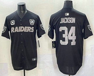 Men's Las Vegas Raiders #34 Bo Jackson Black Grey 65TH C Patch Limited Fashion Baseball Jersey