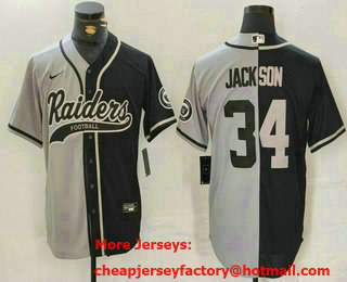 Men's Las Vegas Raiders #34 Bo Jackson Grey Black Split Cool Base Stitched Baseball Jersey