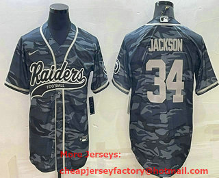 Men's Las Vegas Raiders #34 Bo Jackson Grey Camo With Patch Cool Base Stitched Baseball Jersey