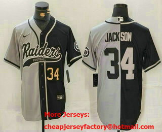Men's Las Vegas Raiders #34 Bo Jackson Number Grey Black Split Cool Base Stitched Baseball Jersey