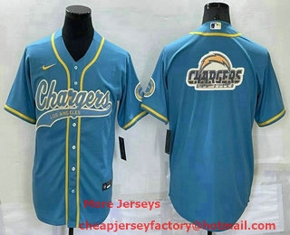 Men's Los Angeles Chargers Light Blue Team Big Logo With Patch Cool Base Stitched Baseball Jersey