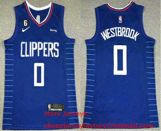 Men's Los Angeles Clippers #0 Russell Westbrook Blue 6 Patch Sponsor Icon Swingman Jersey