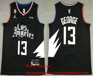 Men's Los Angeles Clippers #13 Paul George Black 2022 Statement 6 Patch Icon Sponsor Swingman Jersey