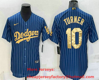 Men's Los Angeles Dodgers #10 Justin Turner Navy Blue Gold Pinstripe Stitched MLB Cool Base Nike Jersey
