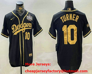 Men's Los Angeles Dodgers #10 Justin Turner Number Black Gold 2024 World Series Stitched Jersey