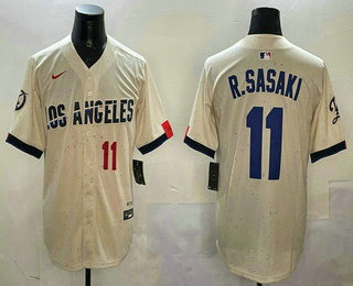 Men's Los Angeles Dodgers #11 Roki Sasaki  Number Cream 2024 City Connect Limited Stitched Jersey