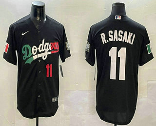 Men's Los Angeles Dodgers #11 Roki Sasaki  Number Mexico Black Cool Base Stitched Baseball Jersey