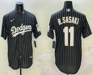 Men's Los Angeles Dodgers #11 Roki Sasaki Black Pinstripe Cool Base Stitched Jersey