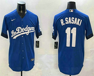 Men's Los Angeles Dodgers #11 Roki Sasaki Blue 2025 City Connect Cool Base Stitched Jersey