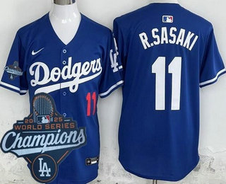 Men's Los Angeles Dodgers #11 Roki Sasaki Blue 2025 World Series Champions Limited Jersey