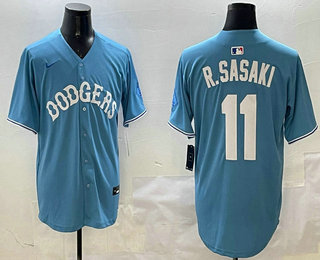 Men's Los Angeles Dodgers #11 Roki Sasaki Light Blue Limited Throwback Stitched Jersey