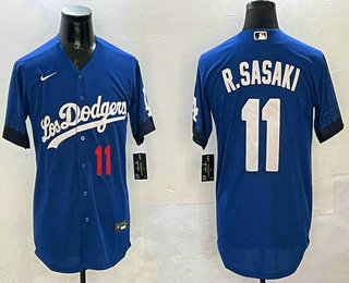 Men's Los Angeles Dodgers #11 Roki Sasaki Number Blue 2025 City Connect Cool Base Stitched Jersey