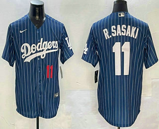 Men's Los Angeles Dodgers #11 Roki Sasaki Number Blue Pinstripe Cool Base Stitched Jersey