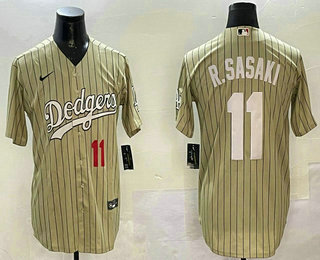 Men's Los Angeles Dodgers #11 Roki Sasaki Number Cream Pinstripe Stitched Cool Base Nike Jersey
