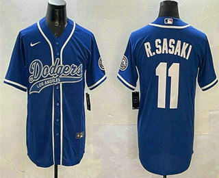 Men's Los Angeles Dodgers #11 Roki Sasaki Royal With Patch Cool Base Stitched Baseball Jersey