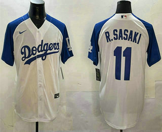 Men's Los Angeles Dodgers #11 Roki Sasaki White Blue Fashion Stitched Cool Base Limited Jersey