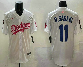 Men's Los Angeles Dodgers #11 Roki Sasaki White Pink With Patch Limited Stitched Jersey