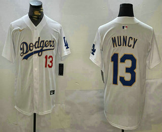 Men's Los Angeles Dodgers #13 Max Muncy Number White Gold Cool Base Stitched Jersey