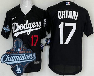 Men's Los Angeles Dodgers #17 Shohei Ohtani Black 2025 World Series Champions Cool Base Jersey