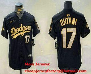 Men's Los Angeles Dodgers #17 Shohei Ohtani Black Gold 2024 World Series Champions Fernando 34 Patch Stitched Jersey
