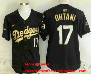 Men's Los Angeles Dodgers #17 Shohei Ohtani Black Gold 2024 World Series Champions Stitched Cool Base Jersey