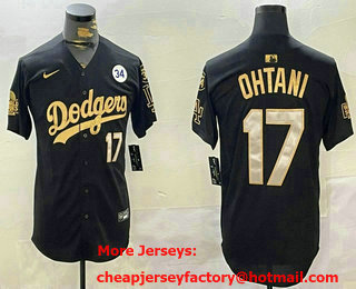 Men's Los Angeles Dodgers #17 Shohei Ohtani Black Gold 2024 World Series Number 34 Patch Stitched Jersey