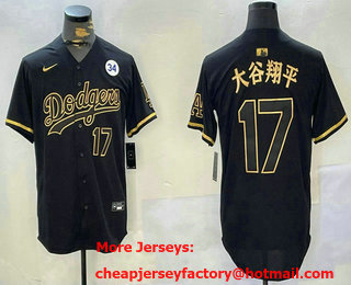 Men's Los Angeles Dodgers #17 Shohei Ohtani Black Gold Japanese Fashion 34 Patch Baseball Jersey