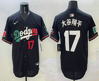 Men's Los Angeles Dodgers #17 Shohei Ohtani Black Japanese Number Mexico Black Cool Base Stitched Jersey