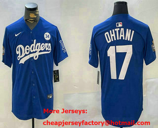 Men's Los Angeles Dodgers #17 Shohei Ohtani Blue 2024 World Series With Fernando 34 Patch Limited Stitched Jersey