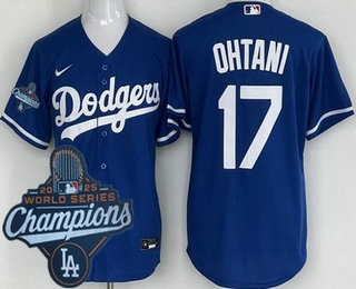 Men's Los Angeles Dodgers #17 Shohei Ohtani Blue 2025 World Series Champions Cool Base Jersey