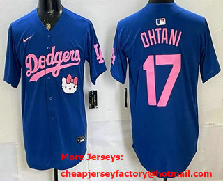 Men's Los Angeles Dodgers #17 Shohei Ohtani Blue Pink Hello Kitty 2025 World Series Champions Limited Jersey
