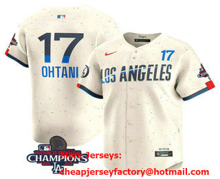 Men's Los Angeles Dodgers #17 Shohei Ohtani Cream 2024 World Series Champions City Connect Limited Stitched Jersey