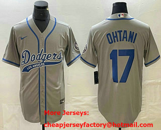 Men's Los Angeles Dodgers #17 Shohei Ohtani Grey With Patch Cool Base Stitched Baseball Jersey 11