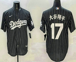 Men's Los Angeles Dodgers #17 Shohei Ohtani Japanese Black Pinstripe Cool Base Stitched Jersey