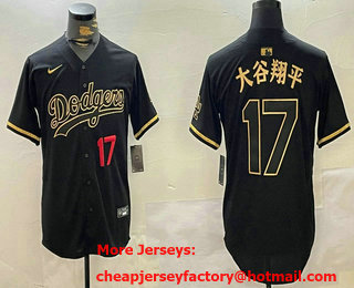 Men's Los Angeles Dodgers #17 Shohei Ohtani Number Black Gold Japanese Fashion Baseball Jersey