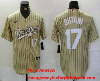 Men's Los Angeles Dodgers #17 Shohei Ohtani Number Cream Pinstripe Cool Base Stitched Jersey 02