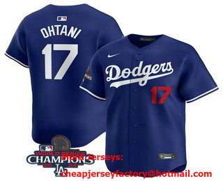 Men's Los Angeles Dodgers #17 Shohei Ohtani Number Royal 2024 World Series Champions Limited Stitched Jersey