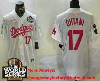 Men's Los Angeles Dodgers #17 Shohei Ohtani Number White Pink 2024 World Series Limited Cool Base Stitched Jersey