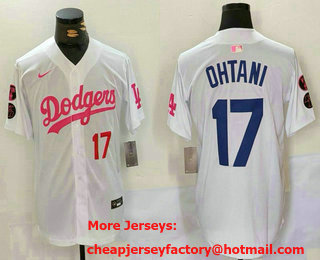 Men's Los Angeles Dodgers #17 Shohei Ohtani Number White Pink With Patch Limited Stitched Jersey
