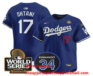 Men's Los Angeles Dodgers #17 Shohei Ohtani Royal 2024 World Series With Fernando 34 Patch Limited Stitched Jersey