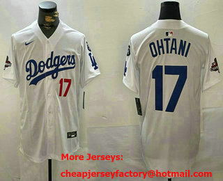 Men's Los Angeles Dodgers #17 Shohei Ohtani White 2024 World Series Champions Fernando 34 Patch Limited Fashion Jersey