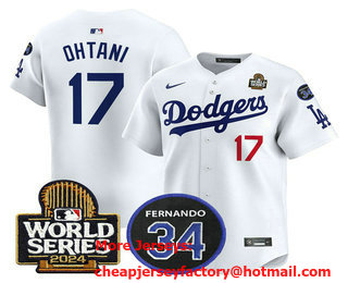 Men's Los Angeles Dodgers #17 Shohei Ohtani White 2024 World Series With Fernando 34 Patch Limited Stitched Jersey