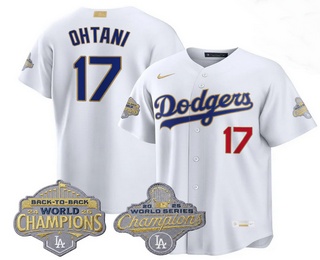Men's Los Angeles Dodgers #17 Shohei Ohtani White 2026 Gold Back To Back World Champions Collection Stadium Jersey