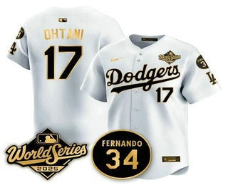 Men's Los Angeles Dodgers #17 Shohei Ohtani White Gold 2025 World Series Patch Limited Stitched Jersey