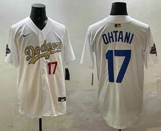 Men's Los Angeles Dodgers #17 Shohei Ohtani White Gold Blue 2025 Collection Limited Stitched Jersey