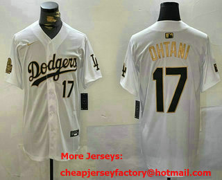 Men's Los Angeles Dodgers #17 Shohei Ohtani White Gold Name 2024 World Series Limited Jersey